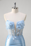 Blue Mermaid Floral Strapless Corset Long Prom Dress With Slit