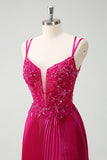 Fuchsia Sheath Spaghetti Straps Pleated Long Corset Prom Dress with Appliques