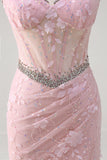 Pink Mermaid Spaghetti Straps Sequined Floral Corset Prom Dress with Beading