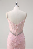 Pink Mermaid Spaghetti Straps Sequined Floral Corset Prom Dress with Beading