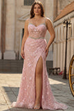 Pink Appliqued Mermaid Spaghetti Straps Corset Plus Size Prom Dress with Slit