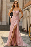 Pink Mermaid Spaghetti Straps Sequined Floral Corset Prom Dress with Beading