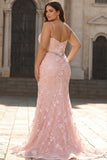 Pink Appliqued Mermaid Spaghetti Straps Corset Plus Size Prom Dress with Slit