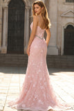 Pink Mermaid Spaghetti Straps Sequined Floral Corset Prom Dress with Beading