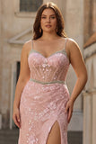 Pink Appliqued Mermaid Spaghetti Straps Corset Plus Size Prom Dress with Slit