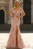 Blush Mermaid Off the Shoulder Slit Long Prom Dress With 3D Flowers