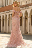 Off The Shoulder Mermaid Blush Side Slit Long Prom Dress with 3D Flowers