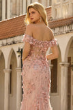Off The Shoulder Mermaid Blush Side Slit Long Prom Dress with 3D Flowers
