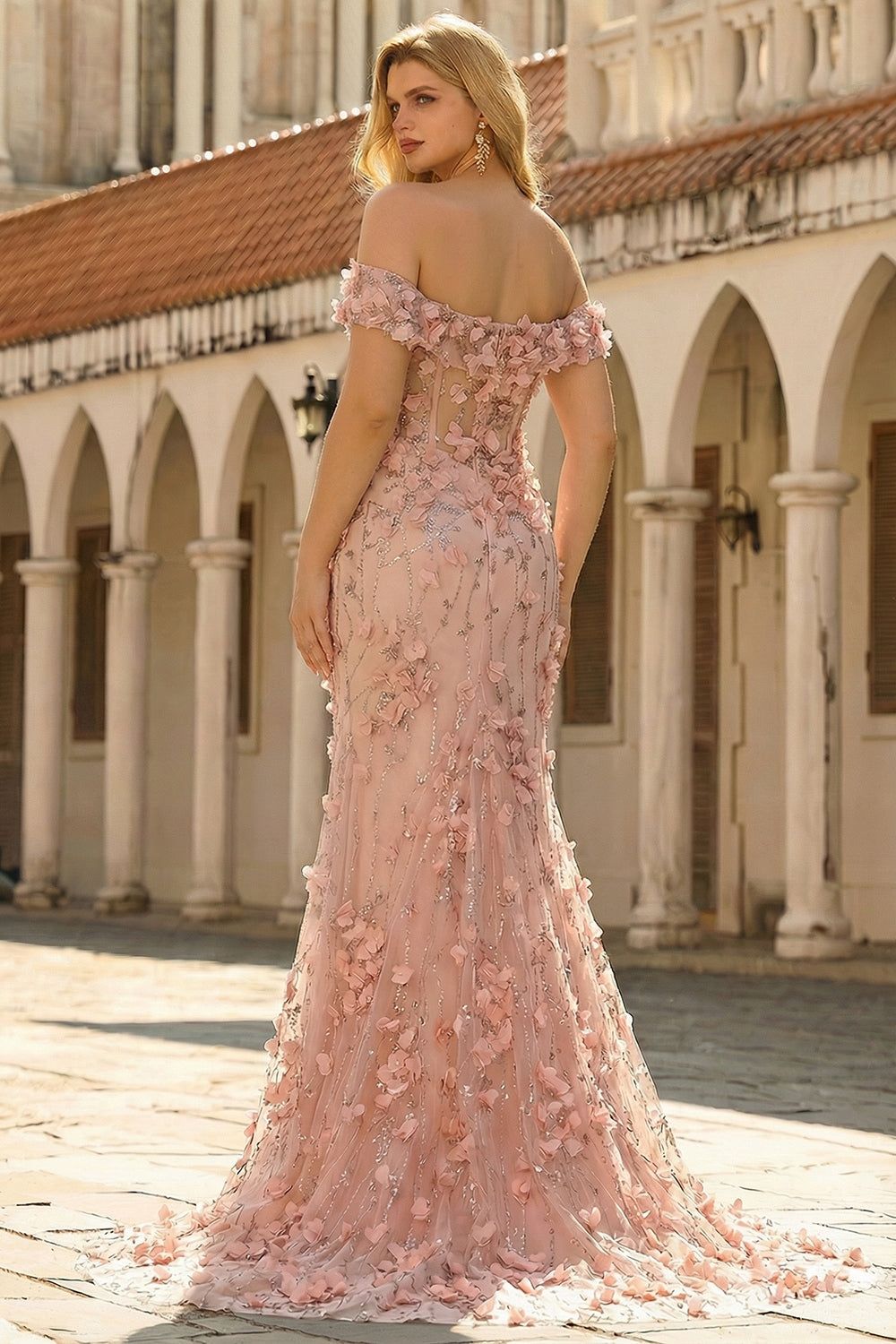 ZAPAKA Women Blush Plus Size Prom Dress With 3D Flowers Mermaid Off the Shoulder Slit Long Formal Dress, Blush / US16 ZAPAKA Women Blush Plus Size Prom Dress With 3D Flowers Mermaid Off the Shoulder Slit Long Formal Dress, Blush / US16