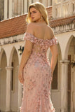 Blush 3D Flowers Mermaid Off the Shoulder Long Plus Size Prom Dress With Slit
