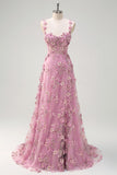 Taro A-Line Off The Shoulder Corset Slit Long Prom Dress With 3D Flowers