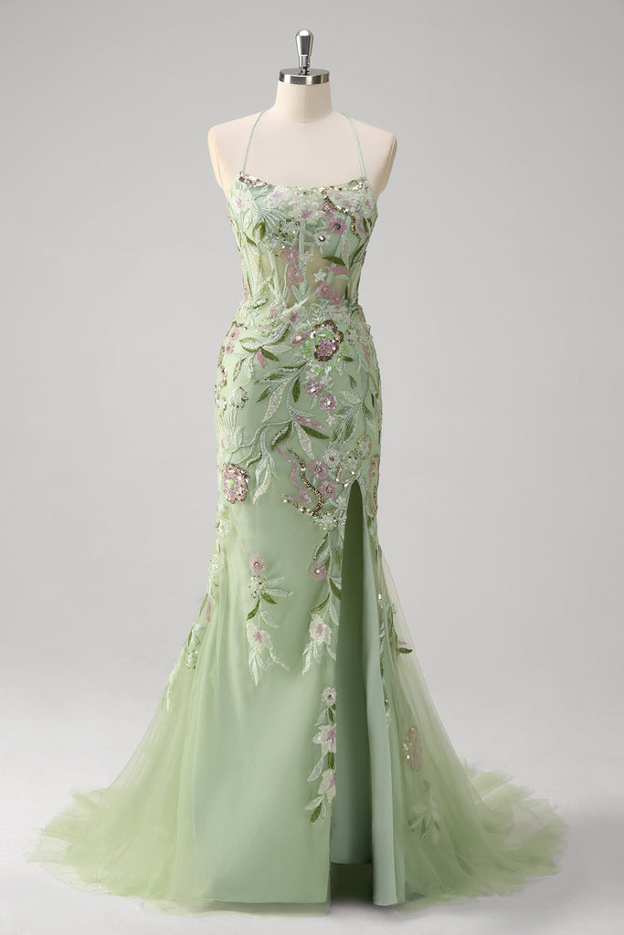 ZAPAKA Women Green Mermaid Prom Dress Halter Corset Appliqued Flower