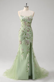 Romantic Sage Green Floral Embroidered Sequins Mermaid Prom Dress with Slit