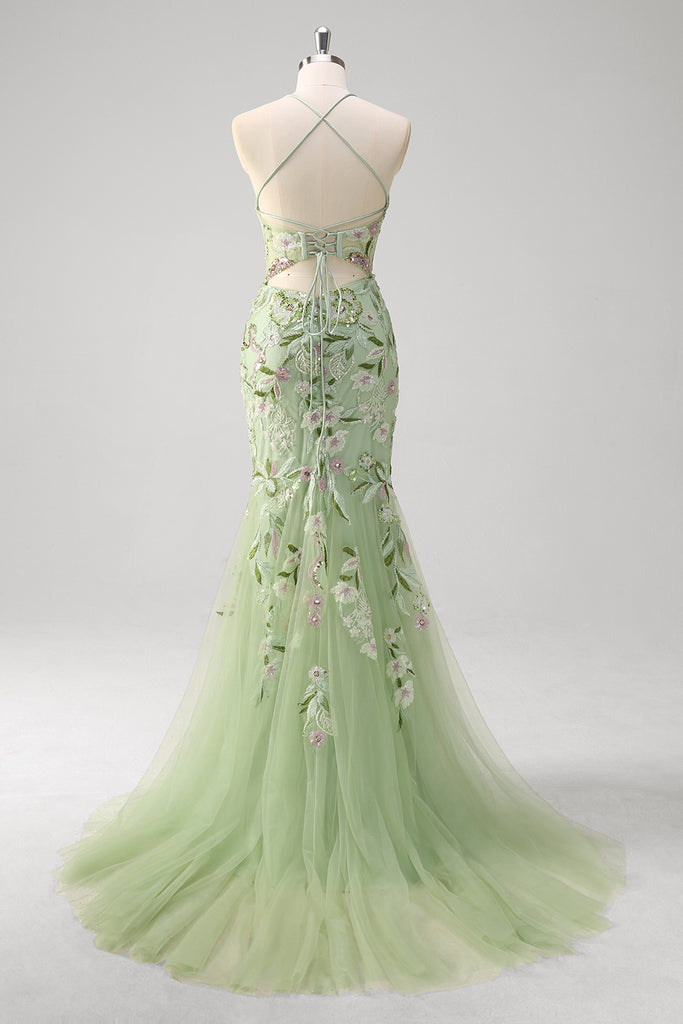 ZAPAKA Women Green Mermaid Prom Dress Halter Corset Appliqued Flower