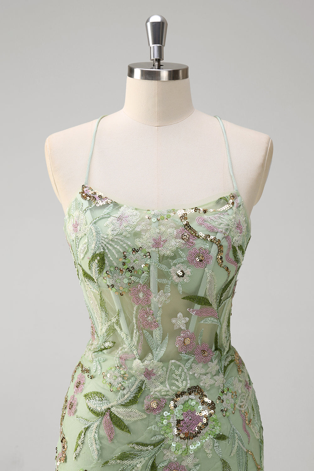 ZAPAKA Women Green Mermaid Prom Dress Halter Corset Appliqued Flower Embroidery Long Party Dress With Slit And Tulle, Sage Green / US8 ZAPAKA Women Green Mermaid Prom Dress Halter Corset Appliqued Flower Embroidery Long Party Dress With Slit And Tulle, Sage Green / US8