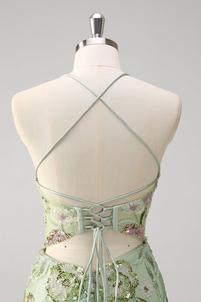 ZAPAKA Women Green Mermaid Prom Dress Halter Corset Appliqued Flower