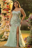 Romantic Sage Green Floral Embroidered Sequins Mermaid Prom Dress with Slit