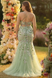 Romantic Sage Green Floral Embroidered Sequins Mermaid Prom Dress with Slit