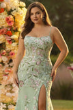 Green Mermaid Corset Embroidered Long Plus Size Prom Dress with Slit