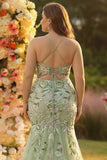 Green Mermaid Corset Embroidered Long Plus Size Prom Dress with Slit