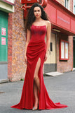 Beaded Strapless Mermaid Corset Long Red Prom Dress with Slit