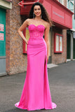 Mermaid Applique Strapless Corset Long Fuchsia Prom Dress with Slit