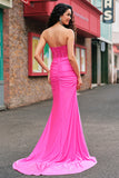 Mermaid Applique Strapless Corset Long Fuchsia Prom Dress with Slit