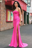 Mermaid Applique Strapless Corset Long Fuchsia Prom Dress with Slit