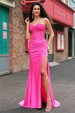 Mermaid Applique Strapless Corset Long Fuchsia Prom Dress with Slit