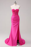 Fuchsia Mermaid Strapless Ruched Corset Long Prom Dress with Slit