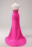 Fuchsia Mermaid Strapless Ruched Corset Long Prom Dress with Slit