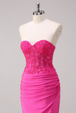 Fuchsia Mermaid Strapless Ruched Corset Long Prom Dress with Slit