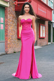 Fuchsia Mermaid Strapless Ruched Corset Long Prom Dress with Slit