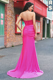 Fuchsia Mermaid Strapless Ruched Corset Long Prom Dress with Slit