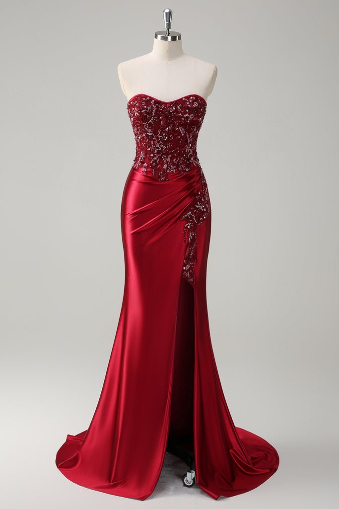 Zapaka Women Mermaid Burgundy Long Prom Dress with Slit Strapless
