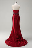 Mermaid Burgundy Strapless Sequin Long Prom Dress with Beading