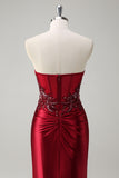 Mermaid Burgundy Strapless Sequin Long Prom Dress with Beading