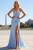 Sparkly Blue Mermaid Corset Satin Long Prom Dress with Slit