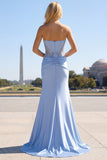Sparkly Blue Mermaid Corset Satin Long Prom Dress with Slit