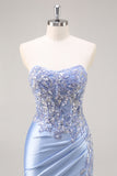 Strapless Mermaid Dark Green Sequin Prom Dress with Slit