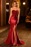Burgundy Mermaid Strapless Sequin Long Prom Dress with Beading