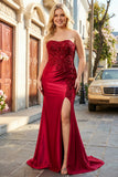 Strapless Mermaid Dark Green Sequin Prom Dress with Slit