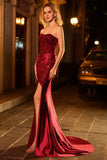 Burgundy Mermaid Strapless Sequin Long Prom Dress with Beading