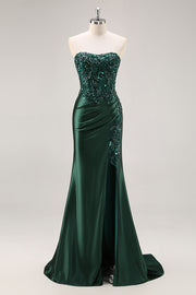 Strapless Mermaid Dark Green Sequin Prom Dress with Slit
