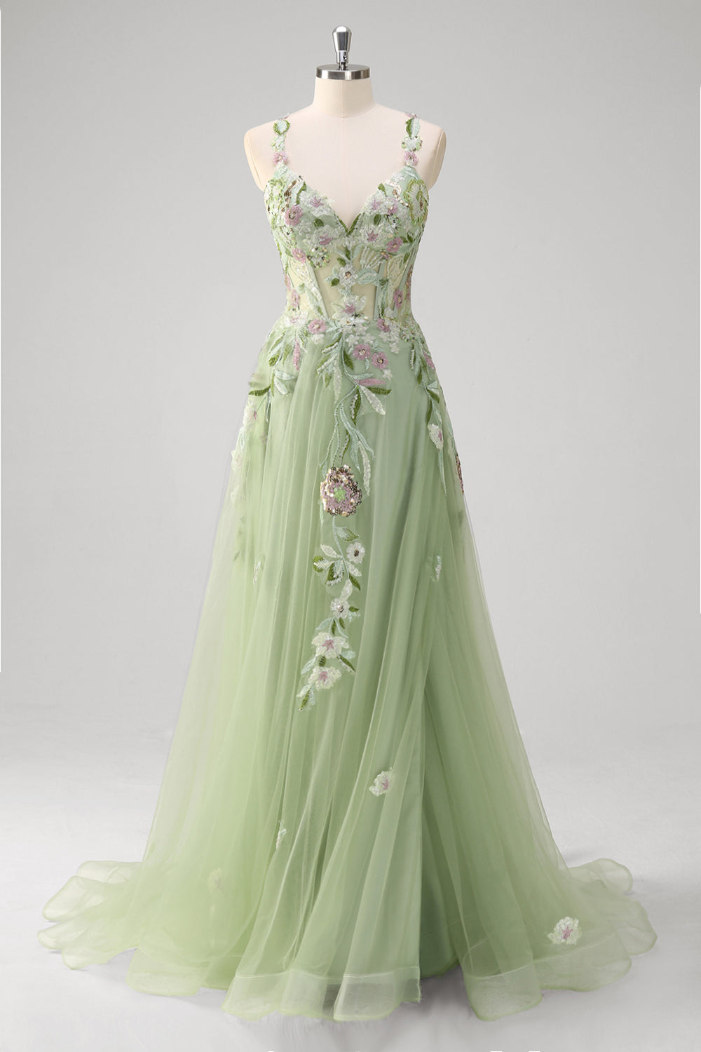 ZAPAKA Women Green Long Prom Dress With Slit Embroidery A line Sheer Boned Corset Tulle Sequins Spaghetti Straps Floral Dress, Green / US20W