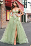 Green A Line Tulle Sequin Applique Corset Long Prom Dress with Slit