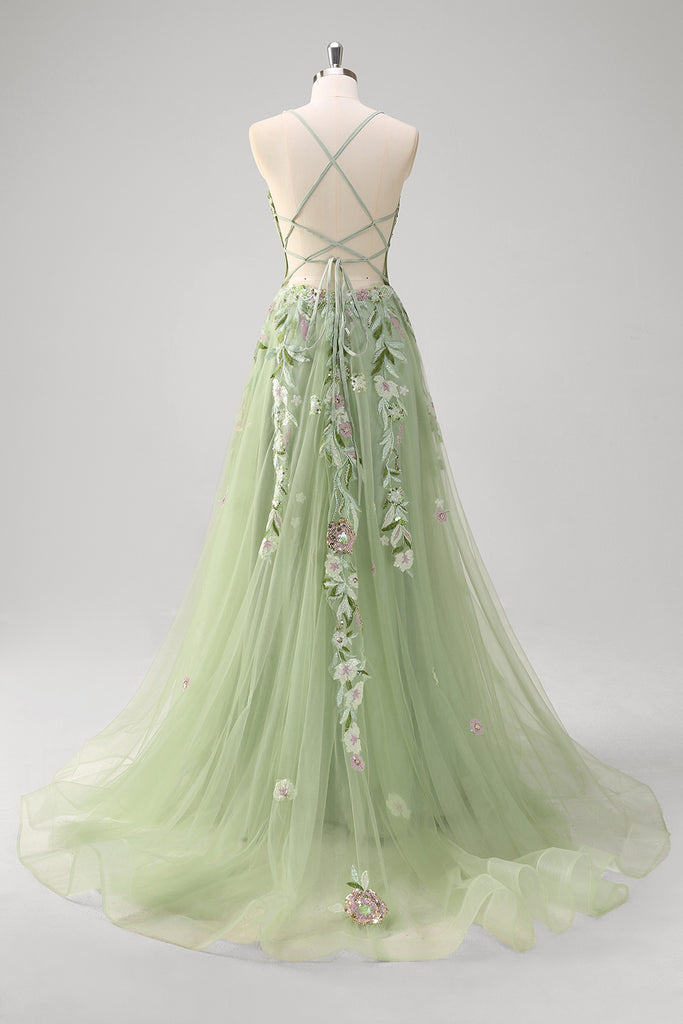 Lena |A Line Spaghetti Straps Printed Tulle Prom Dress with Ruffles