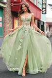 Green A Line Tulle Sequin Applique Corset Long Prom Dress with Slit