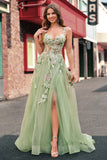 Green A Line Tulle Sequin Applique Corset Long Prom Dress with Slit