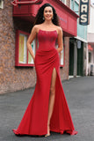 Beaded Strapless Mermaid Corset Long Red Prom Dress with Slit